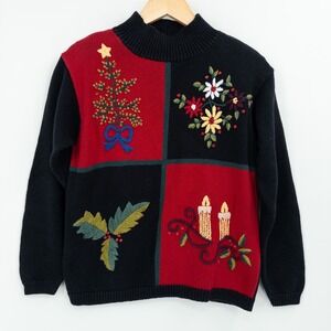 Vintage Christmas Holiday Sweater Womens M Embroidered Ramie 90s Granny Ugly